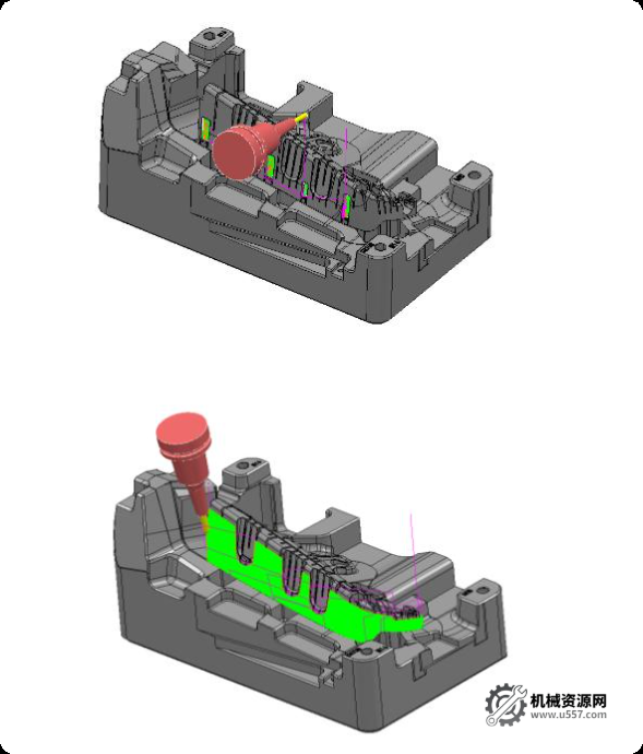 powermill 汽车模具教程：车灯后模五轴开大粗刀路轨迹
